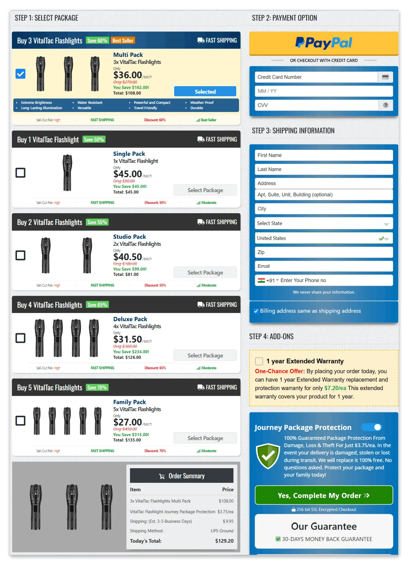 vitaltac flashlight secure checkout page
